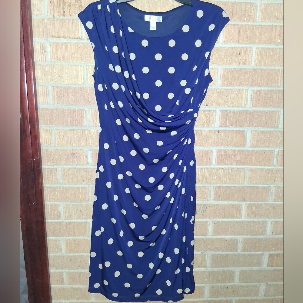 Dressbarn Lined Navy and White Polka Dot Midi Size Petite 10 EUC